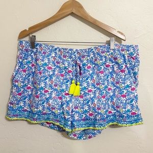Vineyard Vines Women Shorts Floral Flamingo Embroidered Trim Draw String